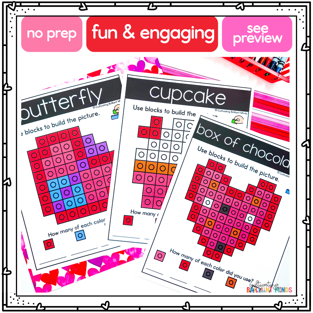 Valentine Snap Cubes - Cultivating Brilliant Minds valentine's day snap cube mats of a butterfly, cupcake, and box of chocolates