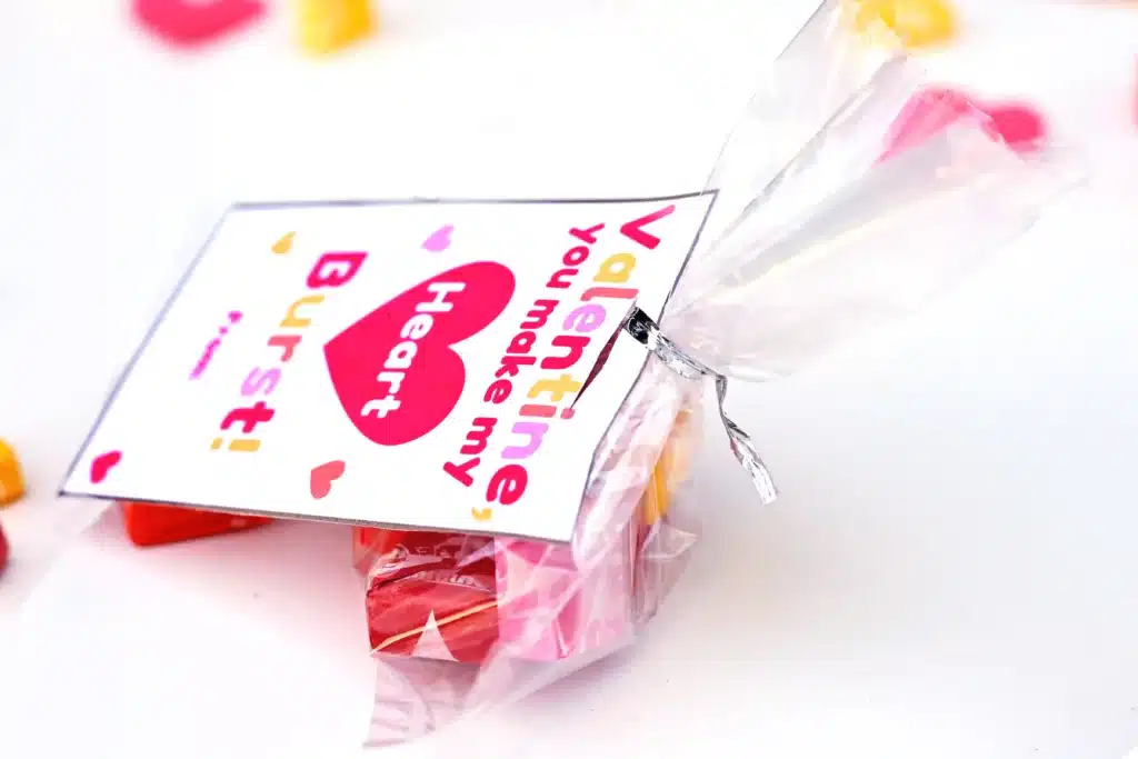 Valentine card you make my heart burst - Cultivating Brilliant Minds a printable valentine card that reads "you make my heart burst" attached to a bag of starbursts