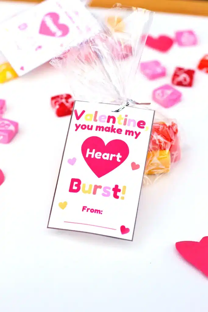 Valentine card you make my heart burst - Cultivating Brilliant Minds a printable valentine card that reads "you make my heart burst" attached to a bag of starbursts