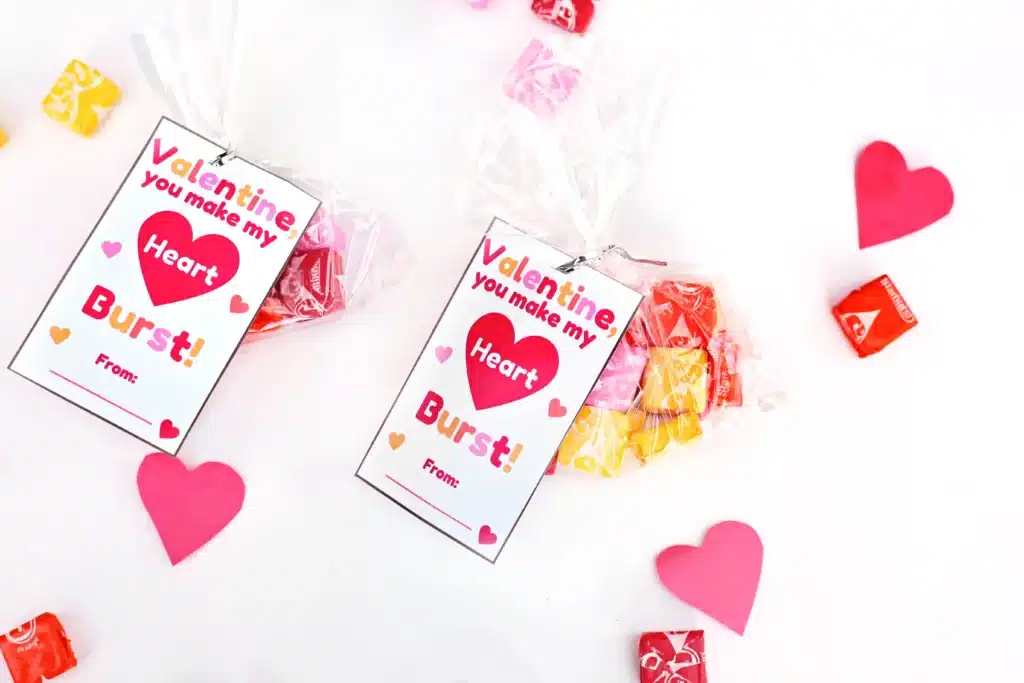 Valentine card you make my heart burst - Cultivating Brilliant Minds a printable valentine card that reads "you make my heart burst" attached to a bag of starbursts