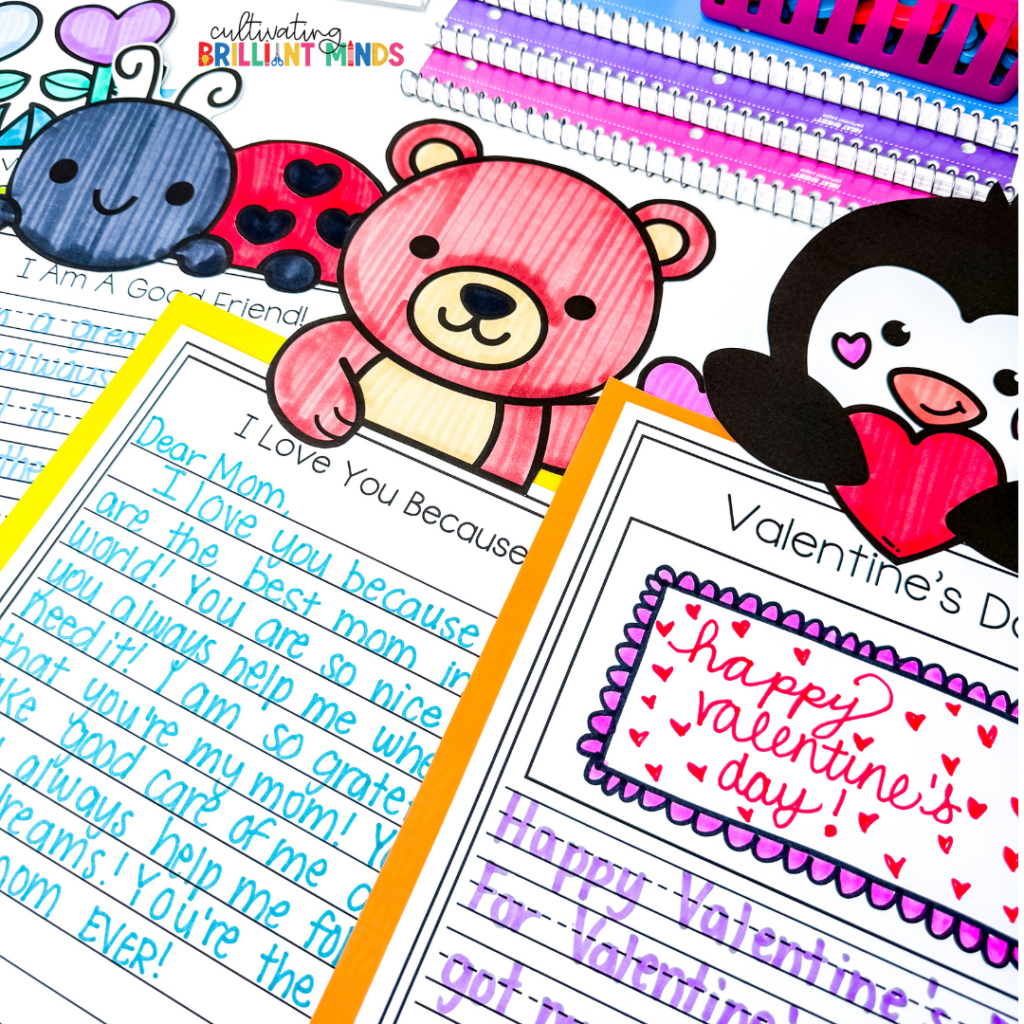 Valentines Day Writing - Cultivating Brilliant Minds valentine's day writing crafts with a ladybug, bear, and penguin