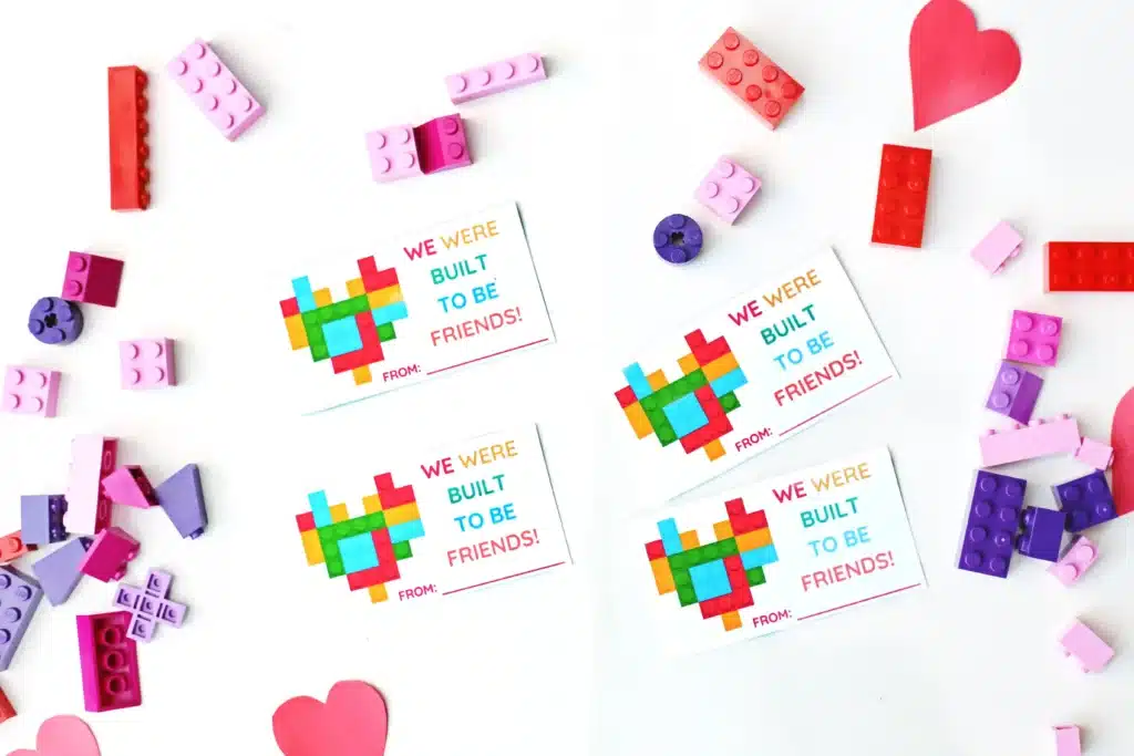 Printable Lego Valentine Cards - Cultivating Brilliant Minds printable valentines that read "we were build to be friends" next to legos