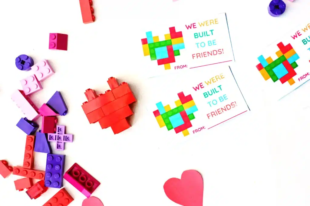 Printable Lego Valentine Cards - Cultivating Brilliant Minds printable valentines that read "we were build to be friends" next to legos