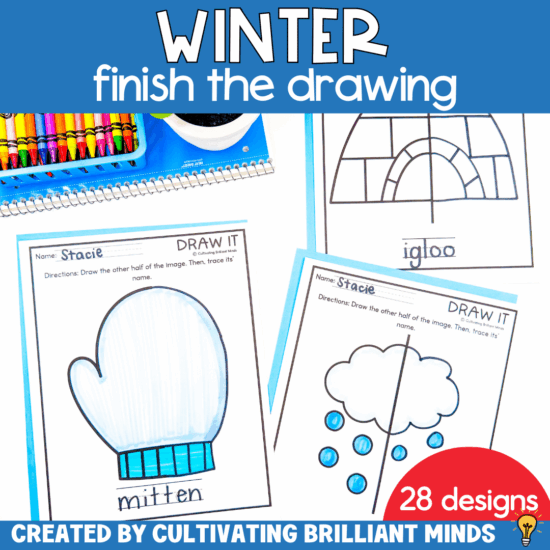 winter images that only show half of the image so students can draw the other half