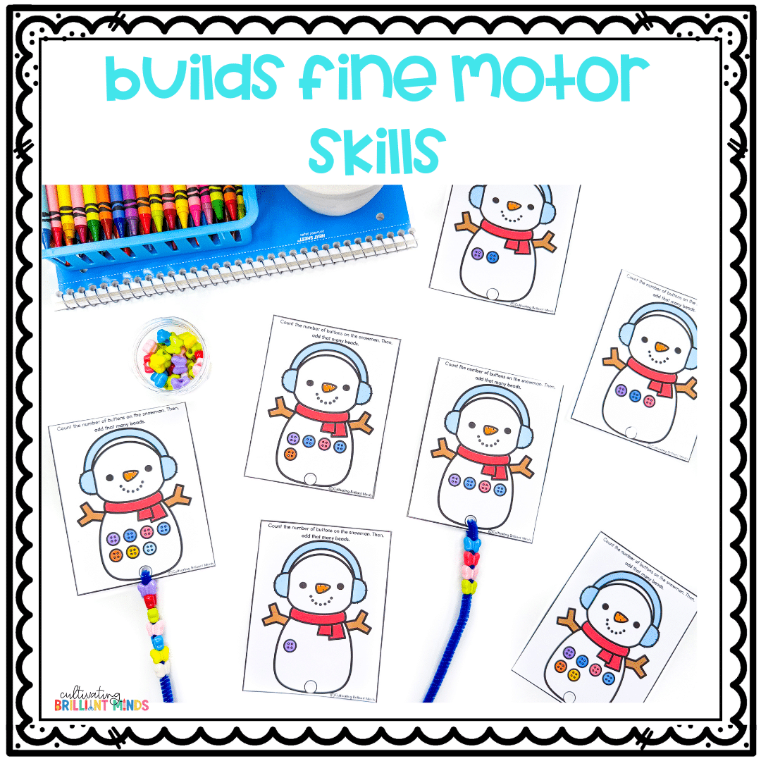 Winter Snowman Counting - Cultivating Brilliant Minds snowmen with different numbers of buttons on them.
