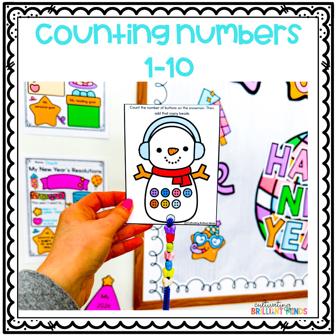 Winter Snowman Counting - Cultivating Brilliant Minds snowmen with different numbers of buttons on them.