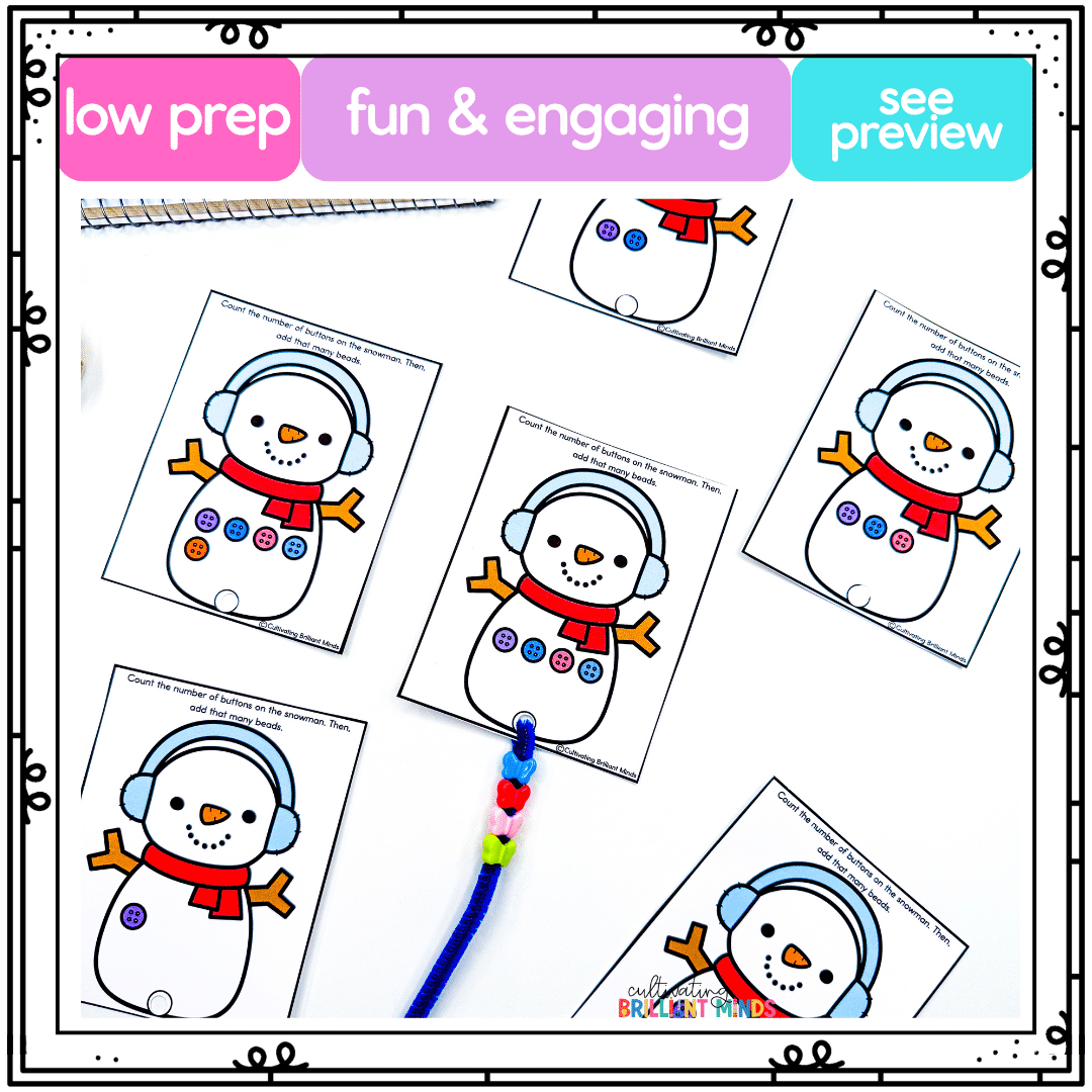 Winter Snowman Counting - Cultivating Brilliant Minds snowmen with different numbers of buttons on them.