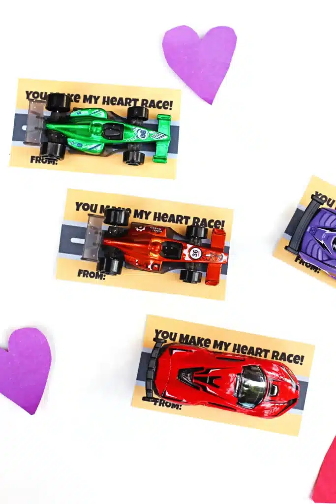 Printable Car Valentine: You Make My Heart Race - Cultivating Brilliant Minds printable valentine that reads "You make my heart race" with a picture of a road attached to a toy car
