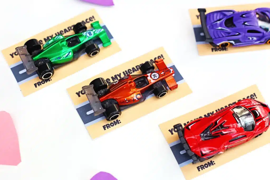 Printable Car Valentine: You Make My Heart Race - Cultivating Brilliant Minds printable valentine that reads "You make my heart race" with a picture of a road attached to a toy car