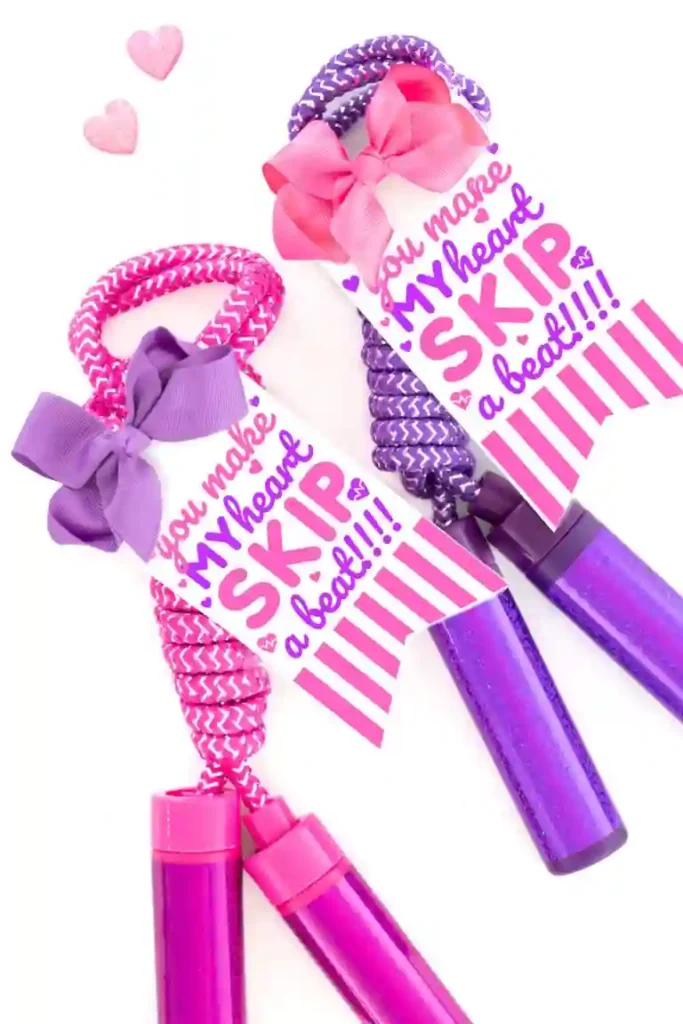 Printable Valentines For Classroom Exchanges - Cultivating Brilliant Minds printable valentines that read "You Make My Heart Skip a Beat" attached to a jump rope