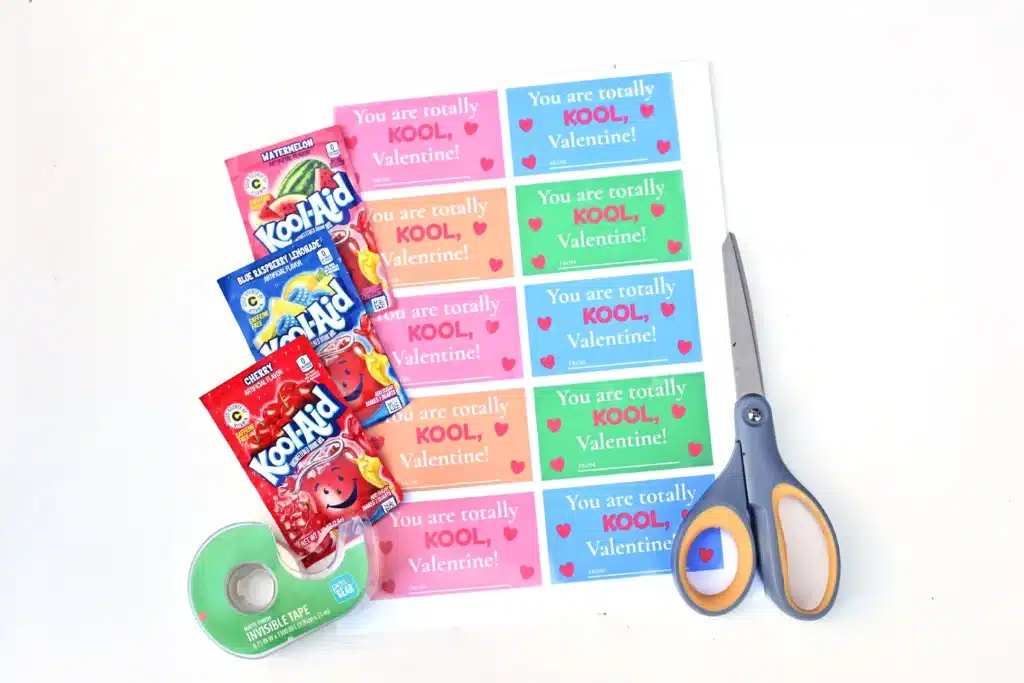 Printable Valentines: You are totally kool Valentine - Cultivating Brilliant Minds printable valentines that read "Valentine, you are totally kool," packets of kool aid, scissors, and tape