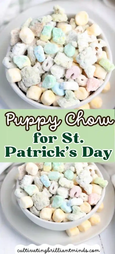 Lucky Charms Puppy Chow for St. Patrick's Day - Cultivating Brilliant Minds lucky charms puppy chow muddie buddies in a white bowl