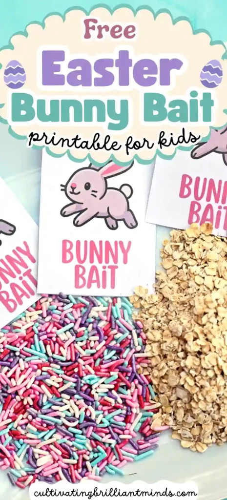Bunny Bait Printable for Easter - Cultivating Brilliant Minds sprinkles and oats on a plate with tags that read "bunny bait"