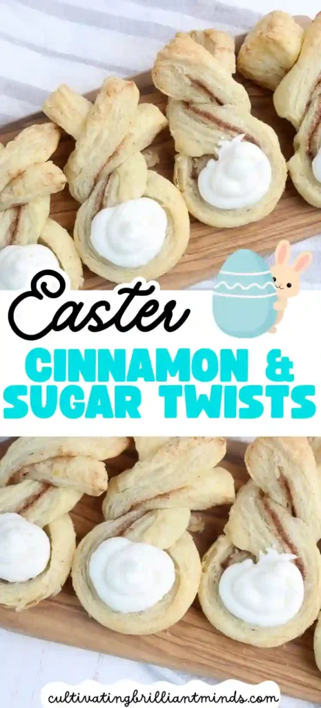 Cinnamon Sugar Bunny Twists - Cultivating Brilliant Minds cinnamon and sugar pastries that are twisted to look like a bunny with icing as a cotton tail