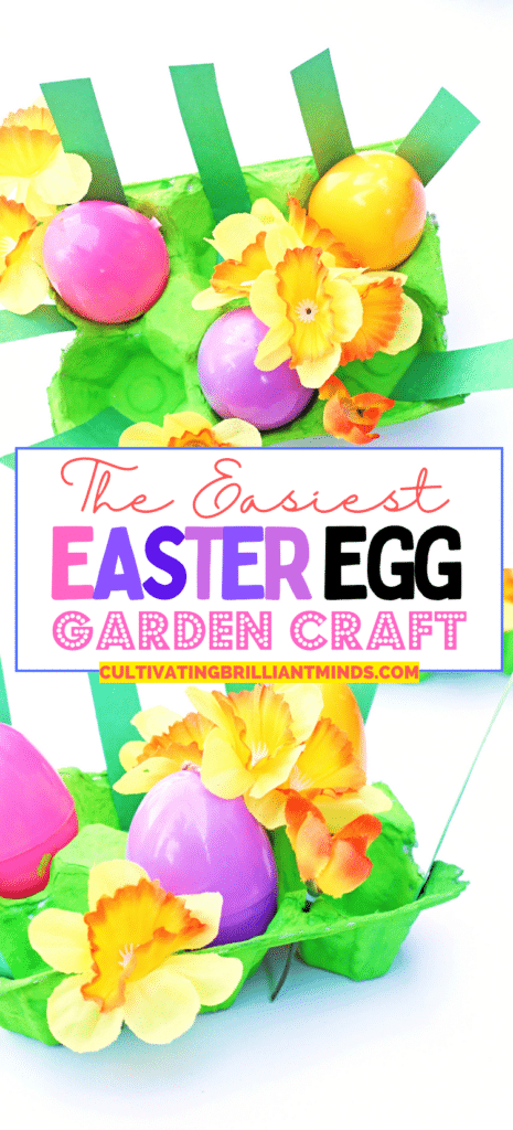 Easter Egg Garden Craft - Cultivating Brilliant Minds an easter egg garden craft that has an egg carton painted green with plastic easter eggs, flowers, and strips of green paper for grass