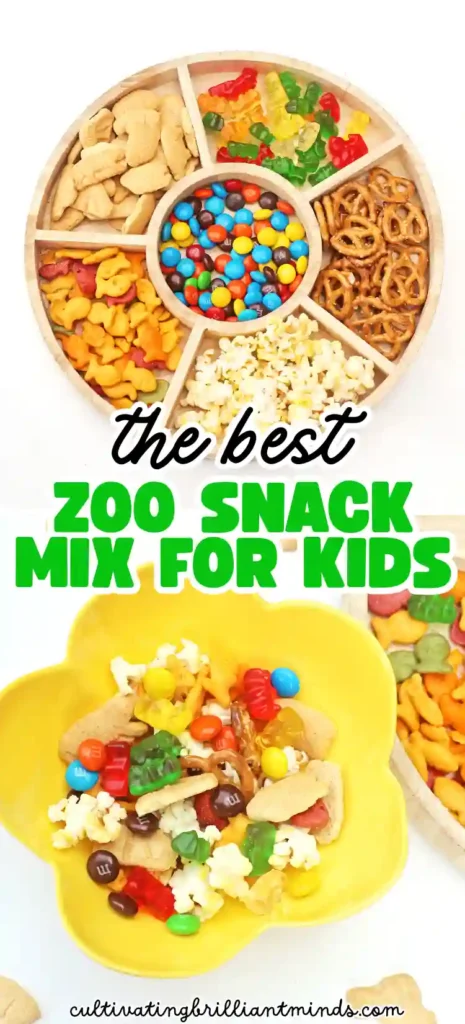 Zoo Snack Mix - Cultivating Brilliant Minds a zoo snack tray that has animal crackers, goldfish, pretzels, popcorn, m&ms and gummy bears