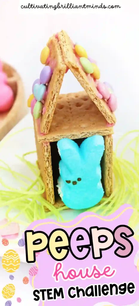 Peeps House STEM Challenge - Cultivating Brilliant Minds a Peeps House STEM Challenge that uses graham crackers, icing, and m&ms to build a house for a peeps bunny
