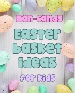 a shiplap background with eggs and text that reads "non-candy easter basket ideas for kids"