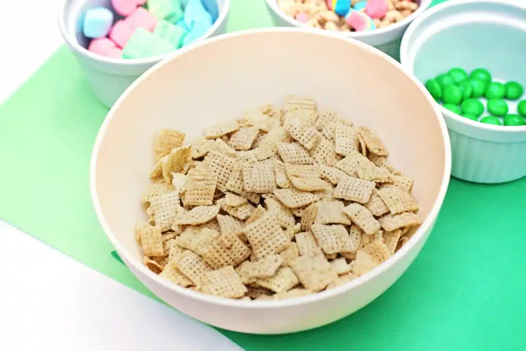 Leprechaun Bait Snack Mix - Cultivating Brilliant Minds chex mix in a bowl