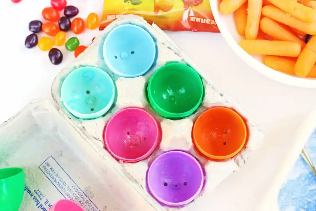 Easter Egg Snack Tray - Cultivating Brilliant Minds plastic eggs inside a cardboard egg carton