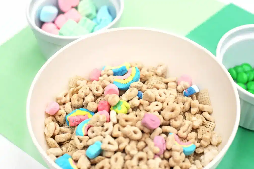 Leprechaun Bait Snack Mix - Cultivating Brilliant Minds chex mix and lucky charms in a bowl