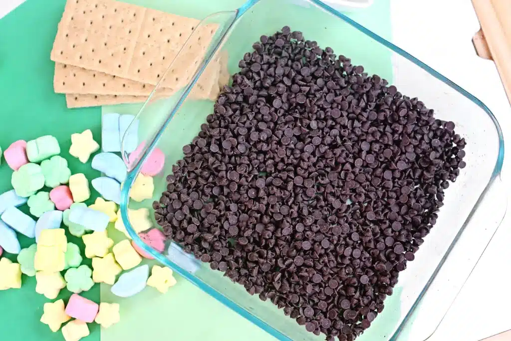 Lucky Charms S'mores Dip - Cultivating Brilliant Minds chocolate chips, graham crackers, and lucky charms marshmallows