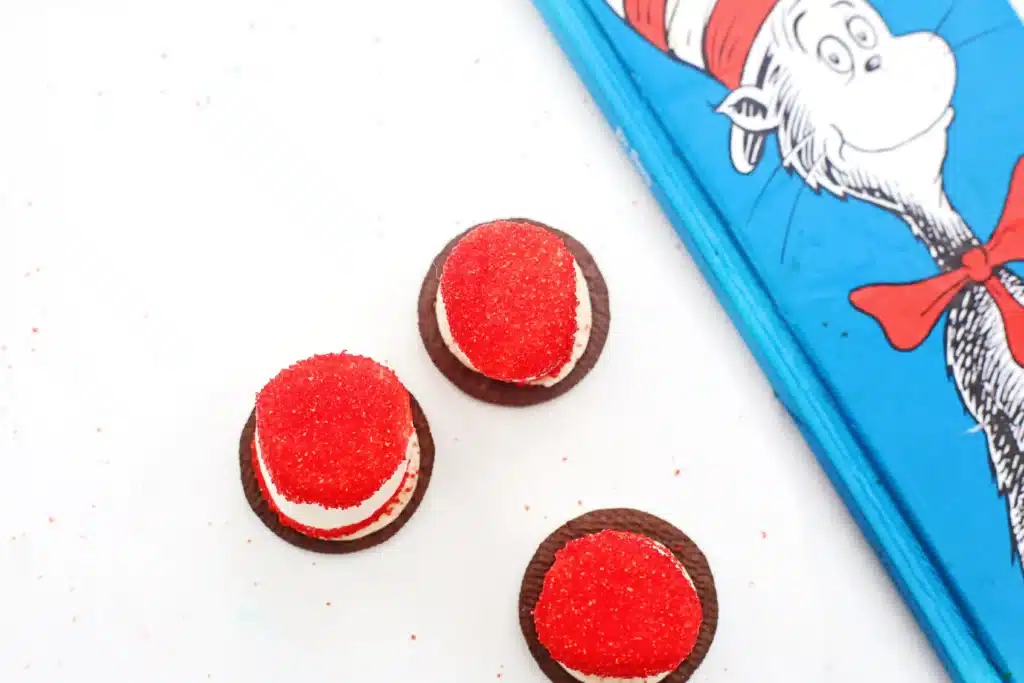 Cat in the Hat cookies - Cultivating Brilliant Minds cat in the hat cookies that use an oreo cookie, marshmallow, and red sanding sugar to look like the cat in the hat's hat