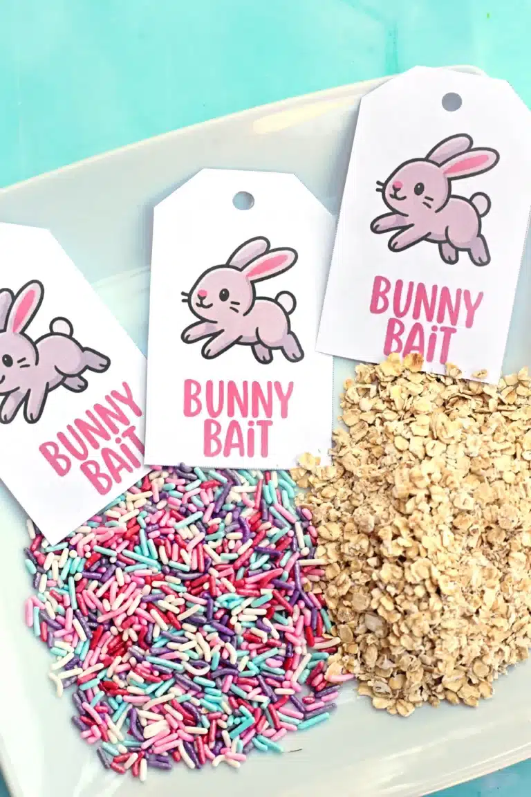 sprinkles and oats on a plate with tags that read "bunny bait"