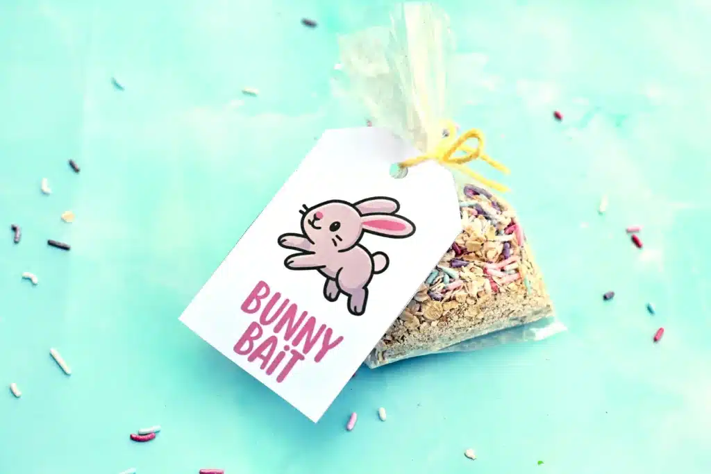 Bunny Bait Printable for Easter - Cultivating Brilliant Minds a bag filled with oats and sprinkles with a tag that says "bunny bait"