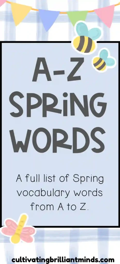 A-Z Spring Vocabulary Words - Cultivating Brilliant Minds A blue plaid background with text that reads "A-Z Spring Words"