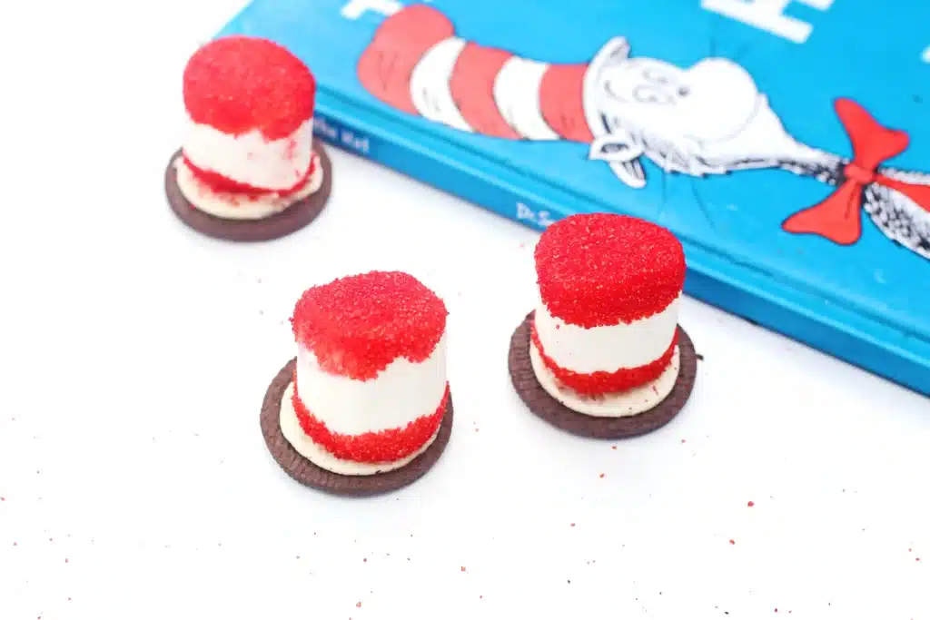 Cat in the Hat Cookies - Cultivating Brilliant Minds cat in the hat cookies that use an oreo cookie, marshmallow, and red sanding sugar to look like the cat in the hat's hat