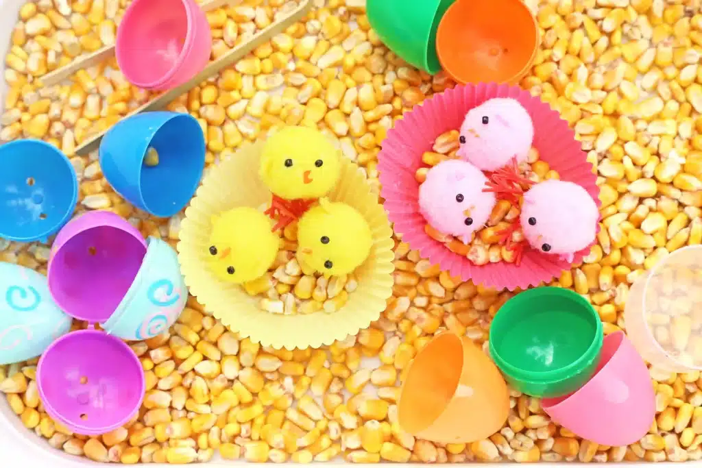 Chick Hatch Sensory Bin - Cultivating Brilliant Minds a chick hatch sensory bin with corn kernels, easter eggs, and chicks