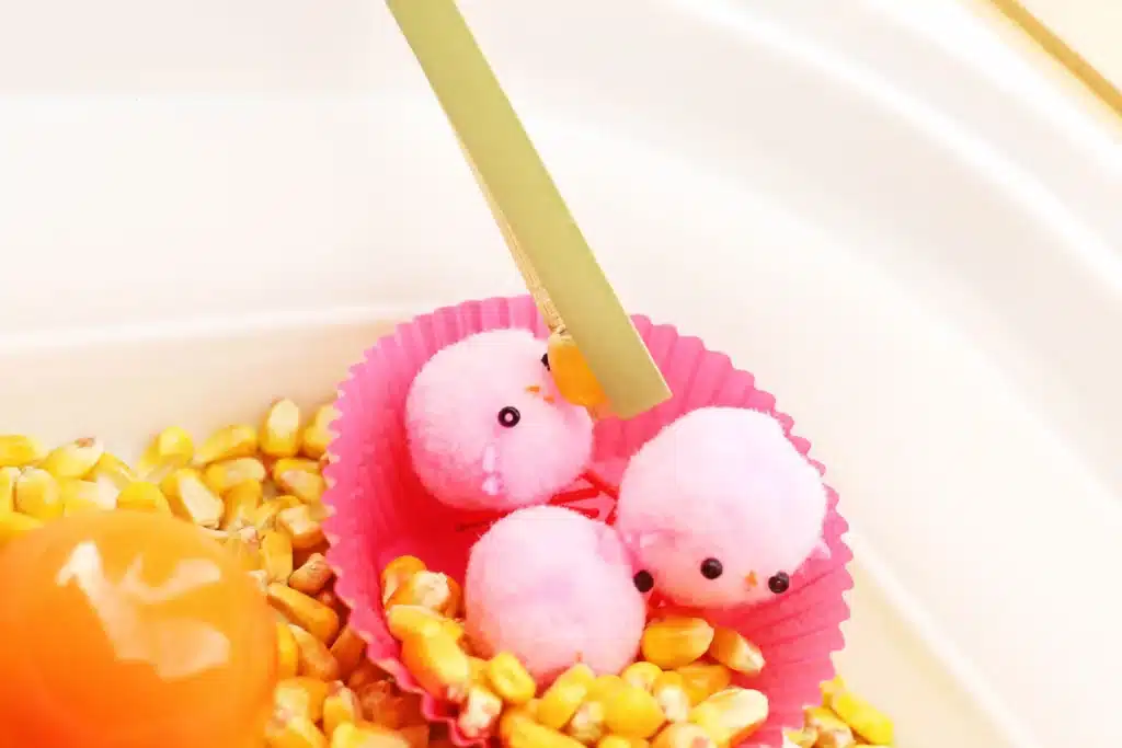 Chick Hatch Sensory Bin - Cultivating Brilliant Minds a kid putting a corn kernel inside a pink cupcake liner that has pink chicks inside
