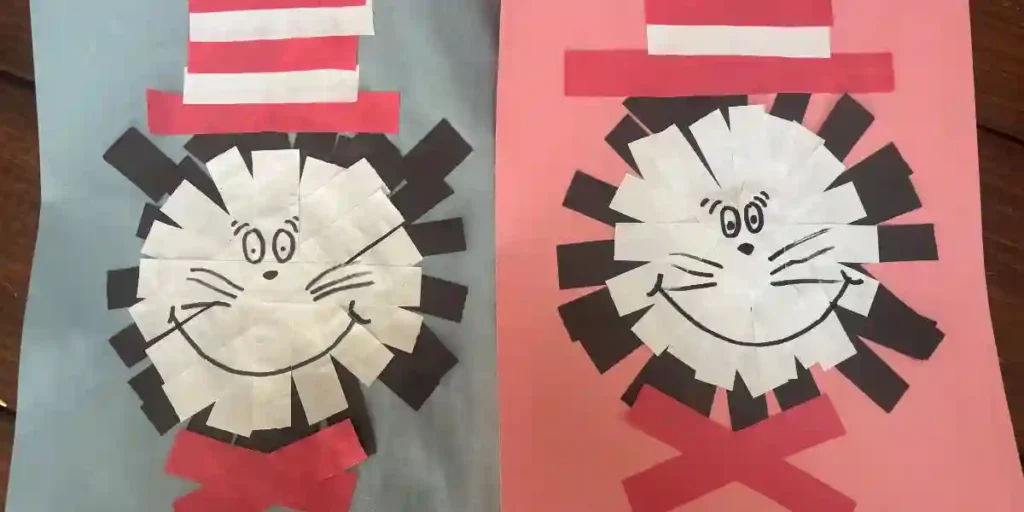 Dr Seuss Crafts for Kids - Cultivating Brilliant Minds construction paper cut into strips and glued on to a piece of paper to look like the cat in the hat