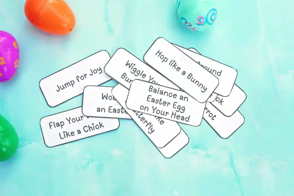 Easter Egg Hunt Movement Game - Cultivating Brilliant Minds an easter egg hunt movement game that has strips of paper in the eggs with a movement activity for kids to act out