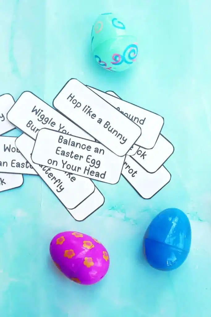 Easter Egg Hunt Movement Game - Cultivating Brilliant Minds easter eggs and a piece of paper with movement cards that has kids act out different easter and spring related things