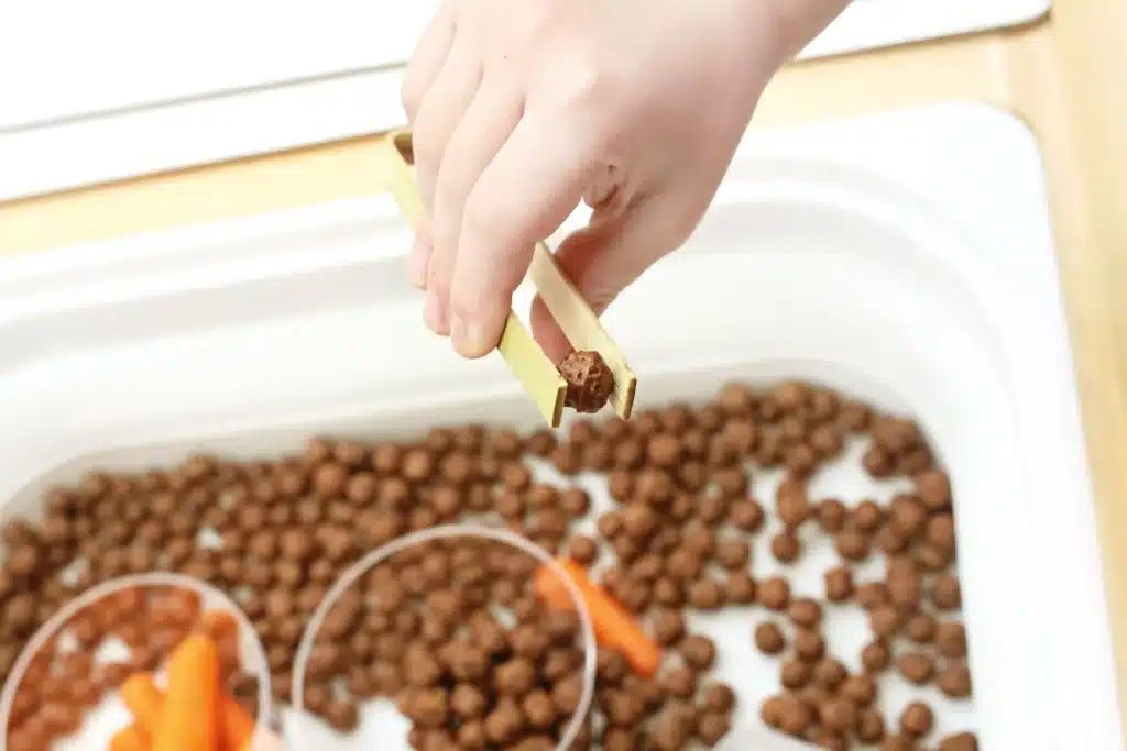 Edible Carrot Patch Sensory Bin For Spring - Cultivating Brilliant Minds a kid using tongs to pick up a cocoa puff