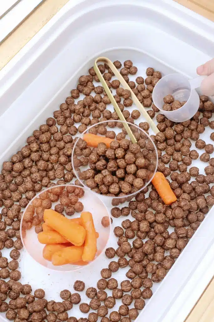 Edible Carrot Patch Sensory Bin For Spring - Cultivating Brilliant Minds a carrot patch sensory bin that has cocoa puffs and baby carrots