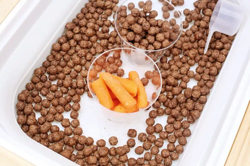 Edible Carrot Patch Sensory Bin For Spring - Cultivating Brilliant Minds a carrot patch sensory bin that has cocoa puffs and baby carrots