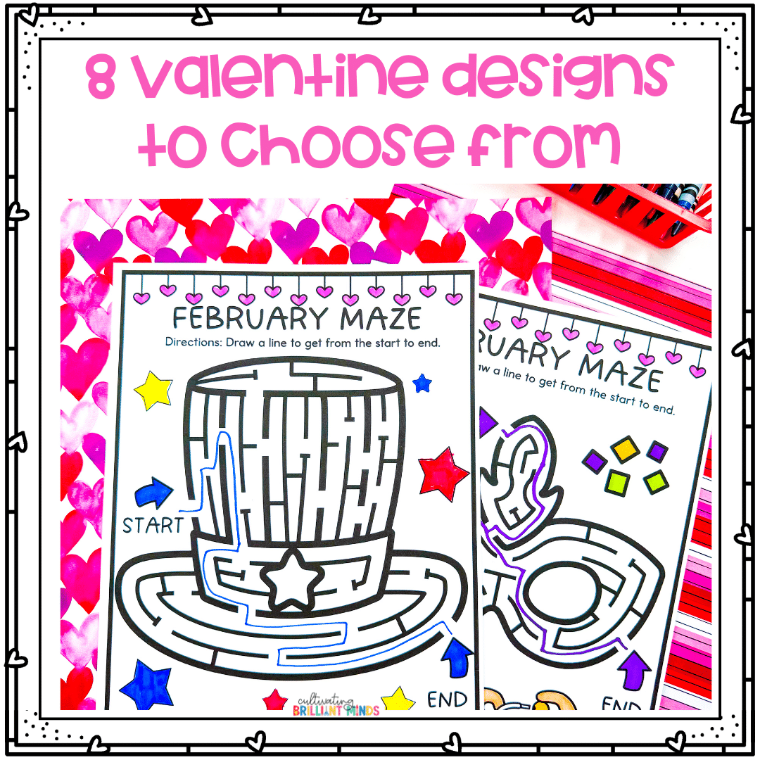February Mazes - Cultivating Brilliant Minds february-themed mazes including a hat for president's day and a mask for mardi gras