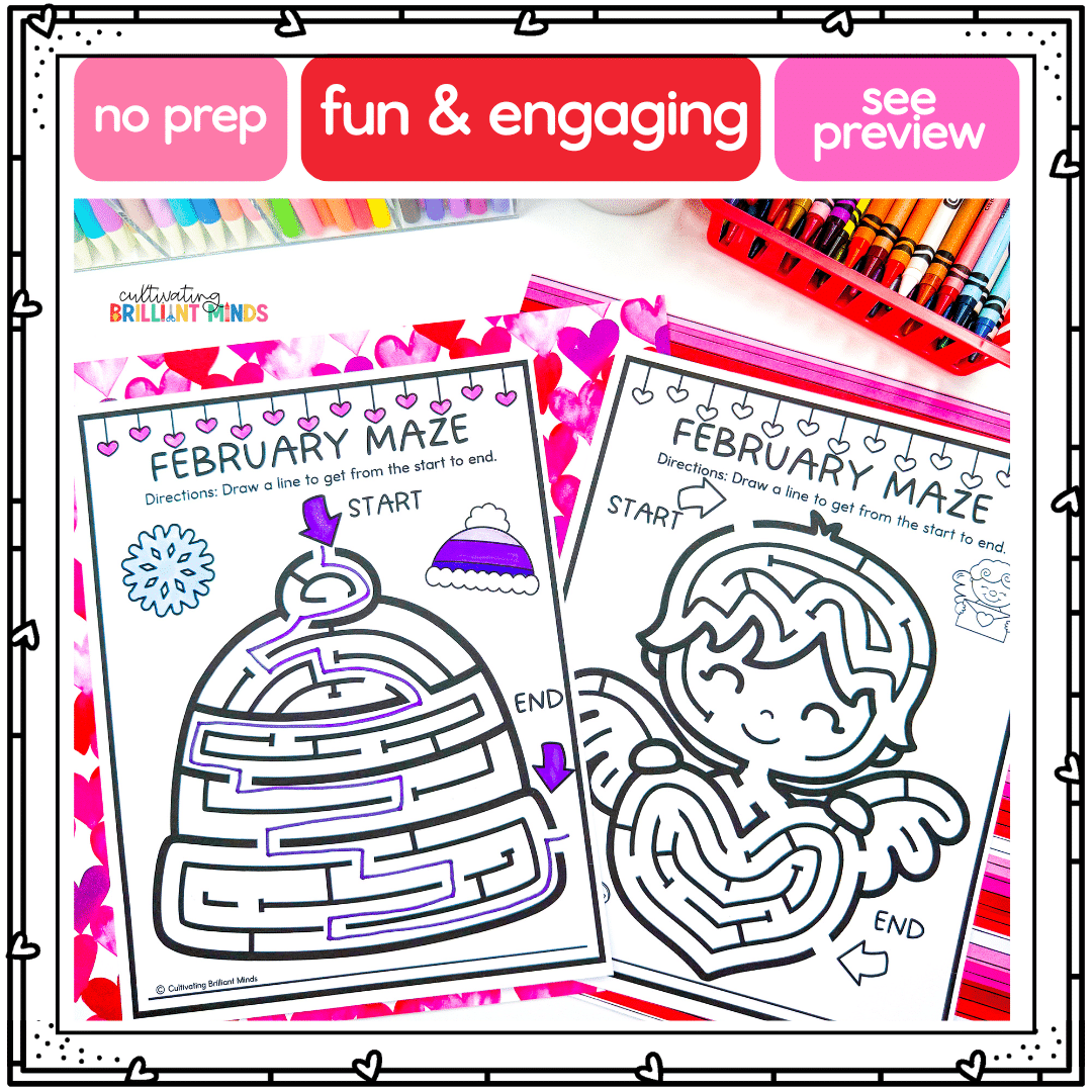 February Mazes - Cultivating Brilliant Minds february-themed mazes including a winter hat and cupid