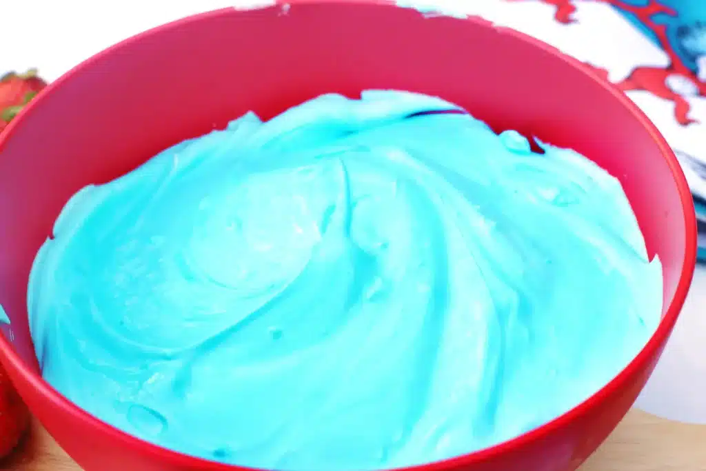 Thing 1 Thing 2 Fruit Dip - Cultivating Brilliant Minds blue dyed fruit dip to represent thing 1 and thing 2 from the dr. seuss books