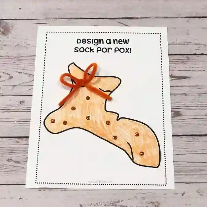 Dr Seuss Crafts for Kids - Cultivating Brilliant Minds a worksheet of a sock that has kids design a sock for fox.