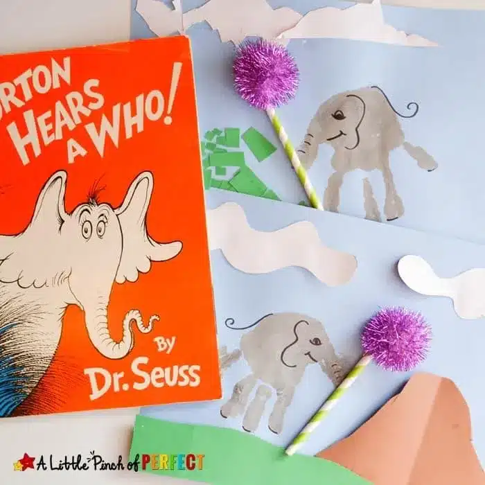 Dr Seuss Crafts for Kids - Cultivating Brilliant Minds a handprint that is designed to look like an elephant next to the book "Horton Hears A Who!"