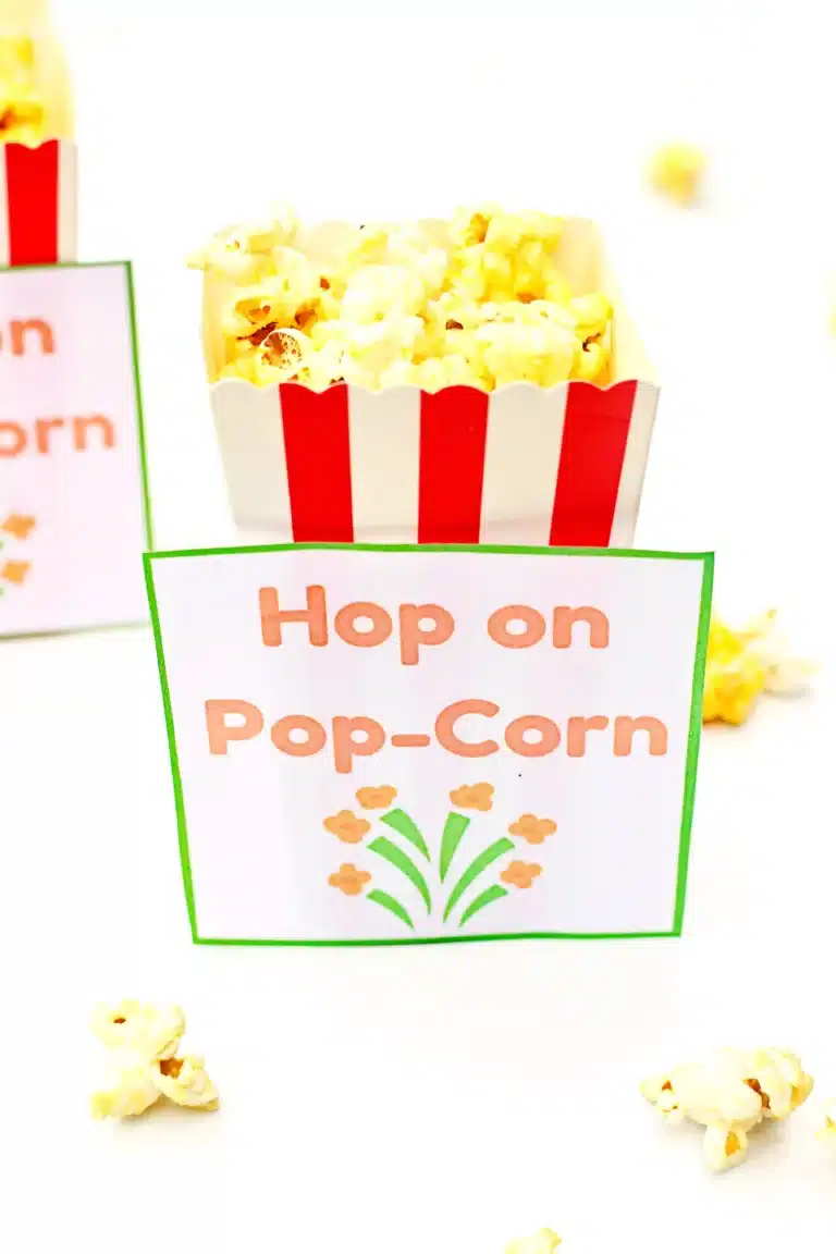 popcorn next to a printable that reads "hop on pop-corn"