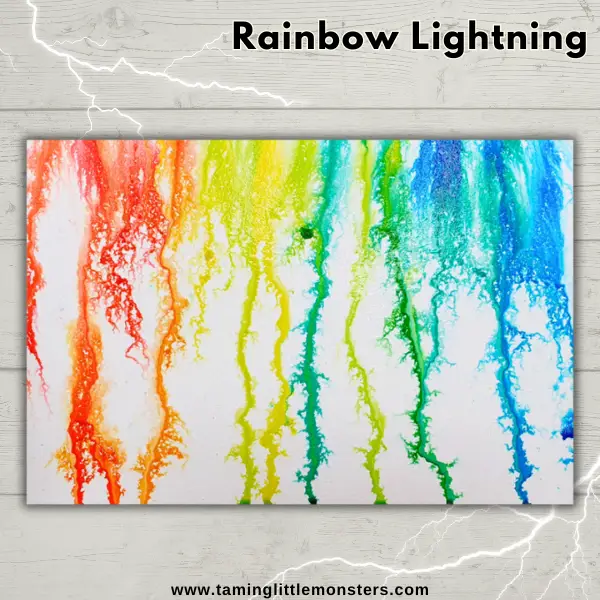 Easy Rainbow Art Projects for St. Patrick's Day - Cultivating Brilliant Minds a paper with paint dripped down in in rainbow order to look like lightning
