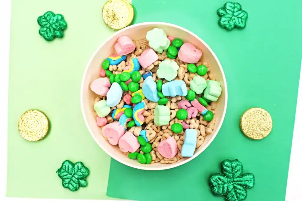 Leprechaun Bait Snack Mix - Cultivating Brilliant Minds Leprechaun Bait Snack Mix that has chex mix, m&ms, and lucky charms cereal in it