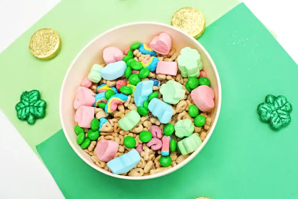 Leprechaun Bait Snack Mix - Cultivating Brilliant Minds Leprechaun Bait Snack Mix that has chex mix, m&ms, and lucky charms cereal in it