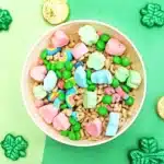 Leprechaun Bait Snack Mix - Cultivating Brilliant Minds Leprechaun Bait Snack Mix that has chex mix, m&ms, and lucky charms cereal in it