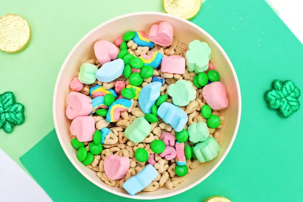 Leprechaun Bait Snack Mix - Cultivating Brilliant Minds Leprechaun Bait Snack Mix that has chex mix, m&ms, and lucky charms cereal in it